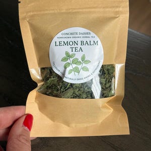 May include: A brown paper bag of Lemon Balm Tea from Concrete Daisies. The bag has a circular label with the text "Lemon Balm Tea" and a sprig of leaves. The bag contains 12g of loose leaf tea.