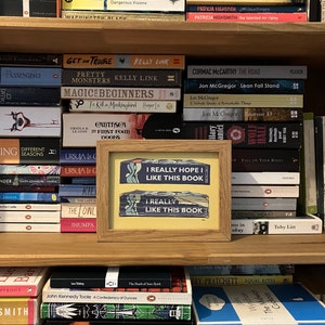 Op de afbeelding: Een boekenkast vol boeken, met een klein ingelijst bord waarop staat "Ik hoop echt dat ik van dit boek ga houden" en "Ik vind dit boek echt leuk".