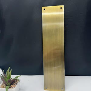 May include: A rectangular brass door plate with a brushed finish. The plate has two holes at the top and two at the bottom for mounting. The brass has a warm, golden hue, and the plate is vertically oriented.