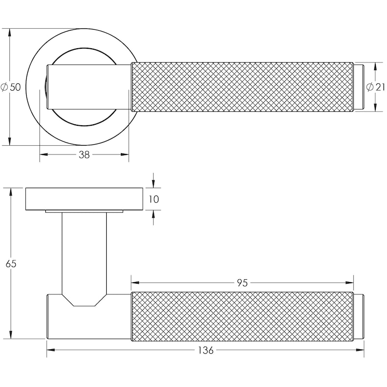 May include: Technical drawing of a door handle. The handle has a circular base with a diameter of 50 mm and a rectangular grip with a crosshatch pattern. The handle is 136 mm long. The grip is 21 mm in diameter.