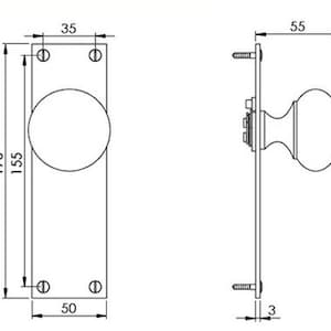 Peut inclure: Dessin technique d'un bouton de porte avec dimensions en millim&egrave;tres. Le bouton est rond, mont&eacute; sur une plaque rectangulaire. La plaque mesure 170 mm de haut et 50 mm de large. Le bouton lui-m&ecirc;me mesure 55 mm de large.