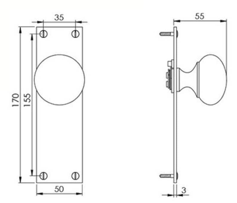 Peut inclure: Dessin technique d'un bouton de porte avec dimensions en millim&egrave;tres. Le bouton est rond, mont&eacute; sur une plaque rectangulaire. La plaque mesure 170 mm de haut et 50 mm de large. Le bouton lui-m&ecirc;me mesure 55 mm de large.