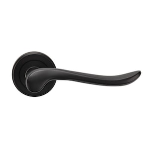 May include: Black door handle with a curved lever and a round base.