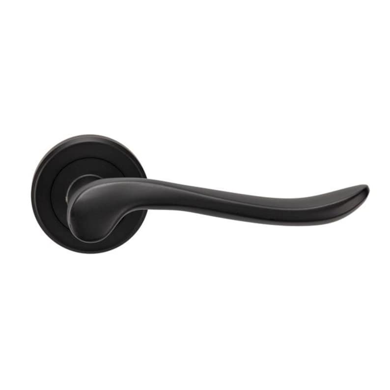 May include: Black door handle with a curved lever and a round base.