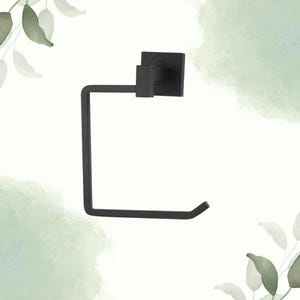 May include: A matte black toilet paper holder. The holder has a square mounting plate, a short arm, and a curved end to hold the roll. The design is minimalist and modern, suitable for a bathroom.