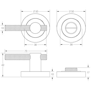 May include: Technical drawing of a door handle with dimensions in millimeters. The handle has a textured grip and a circular base. The overall length is 73 mm, and the base diameter is 50 mm. The handle's height is 42 mm.