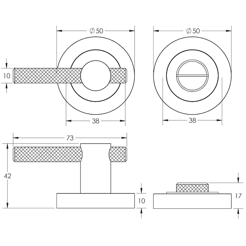 May include: Technical drawing of a door handle with dimensions in millimeters. The handle has a textured grip and a circular base. The overall length is 73 mm, and the base diameter is 50 mm. The handle's height is 42 mm.