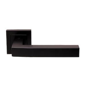 May include: Black door handle with a square backplate. The handle is a lever style with a rectangular shape.