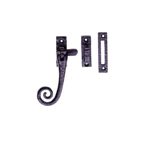 May include: A black metal window latch set featuring a textured finish. The set includes a handle with a curved, spiral-shaped end, a mounting plate with a screw hole, a small catch component, and a rectangular strike plate with two screw holes.