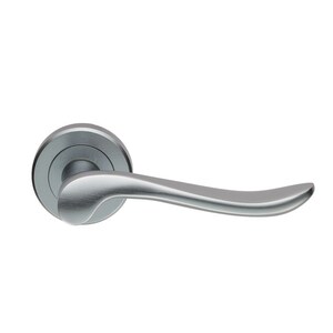 May include: A silver door handle with a curved lever and a round base.