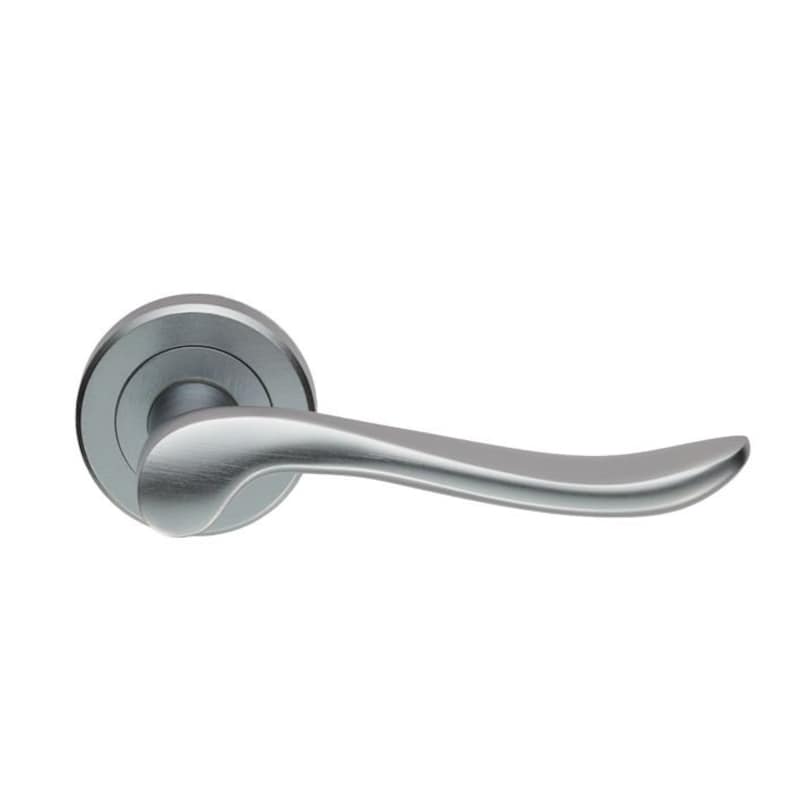 May include: A silver door handle with a curved lever and a round base.