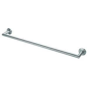 May include: A silver metal towel rail with rounded ends. The rail is mounted to a wall.