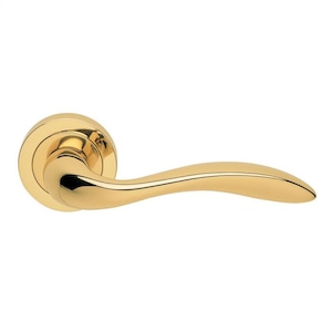May include: A gold door handle with a curved design. The handle has a round base and a long, curved lever.