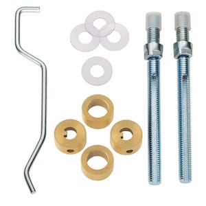 May include: An assortment of hardware components, including a bent metal tool, clear plastic washers, brass bushings, and threaded bolts with protective caps. The items are arranged against a white background, suggesting a set of repair or assembly parts.