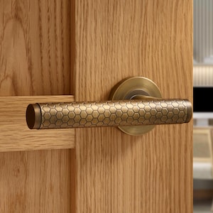 Könnte beinhalten: Ein Türgriff aus Messing mit einem sechseckigen Muster auf dem Hebel. Der Griff ist an einer Holztür montiert.