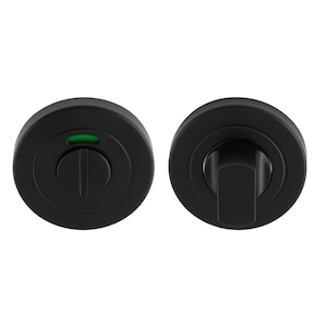 Può includere: Due set di rotazione e rilascio per porte del bagno neri opachi. Uno mostra una spia verde. L'altro ha una leva di rotazione rettangolare. Entrambi sono circolari.