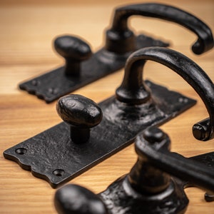 Black Antique style slim Door lever on back plate, vintage black iron , old English cottage style , rustic handle , Tudor style