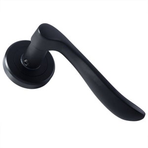 May include: Black door handle with a lever design. The handle has a round base and a long, curved lever.