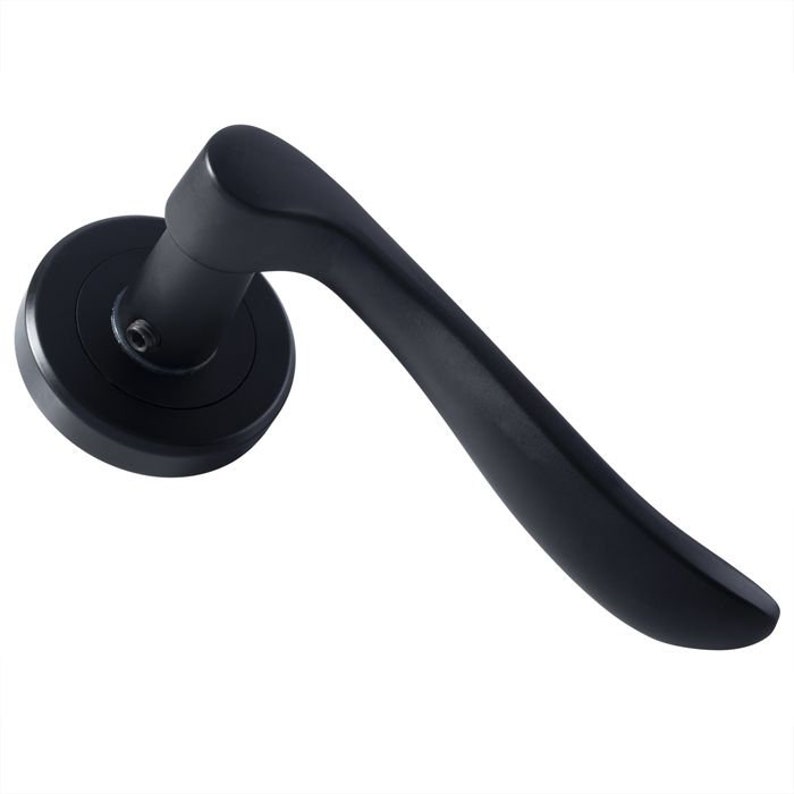 May include: Black door handle with a lever design. The handle has a round base and a long, curved lever.