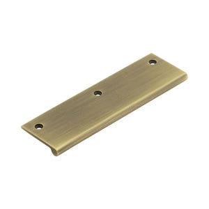 May include: A rectangular, antique brass-colored cabinet pull with three pre-drilled holes. The pull has a curved edge on one side, and a flat, brushed finish. The hardware is designed for easy installation and adds a vintage touch to furniture.