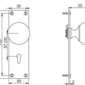 Peut inclure: Dessin technique d'une poign&eacute;e de porte. La plaque frontale mesure 17 cm de haut et 5 cm de large, avec un bouton rond et un trou de serrure. La vue lat&eacute;rale montre le bouton d&eacute;passant de 5,5 cm de la porte.