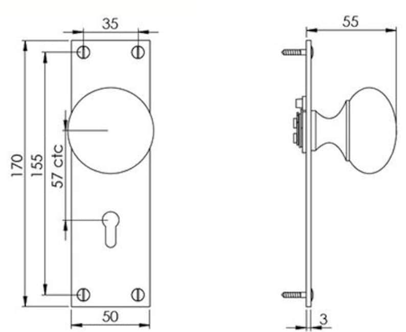 Peut inclure: Dessin technique d'une poign&eacute;e de porte. La plaque frontale mesure 17 cm de haut et 5 cm de large, avec un bouton rond et un trou de serrure. La vue lat&eacute;rale montre le bouton d&eacute;passant de 5,5 cm de la porte.