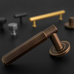 Pair of Solid Brass Door Handles Stunning New Hex Lever on round rose. contemporary lever door handle ,industrial-inspired design. modern