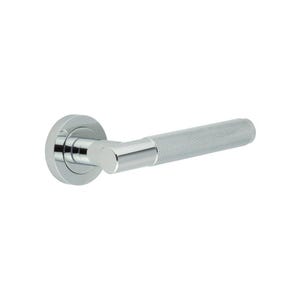 May include: A polished chrome door handle with a textured grip. The handle has a round base and a straight lever with a knurled pattern for enhanced grip. The design is modern and minimalist, suitable for various interior styles.