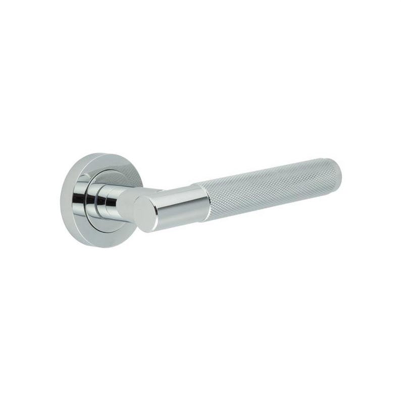 May include: A polished chrome door handle with a textured grip. The handle has a round base and a straight lever with a knurled pattern for enhanced grip. The design is modern and minimalist, suitable for various interior styles.