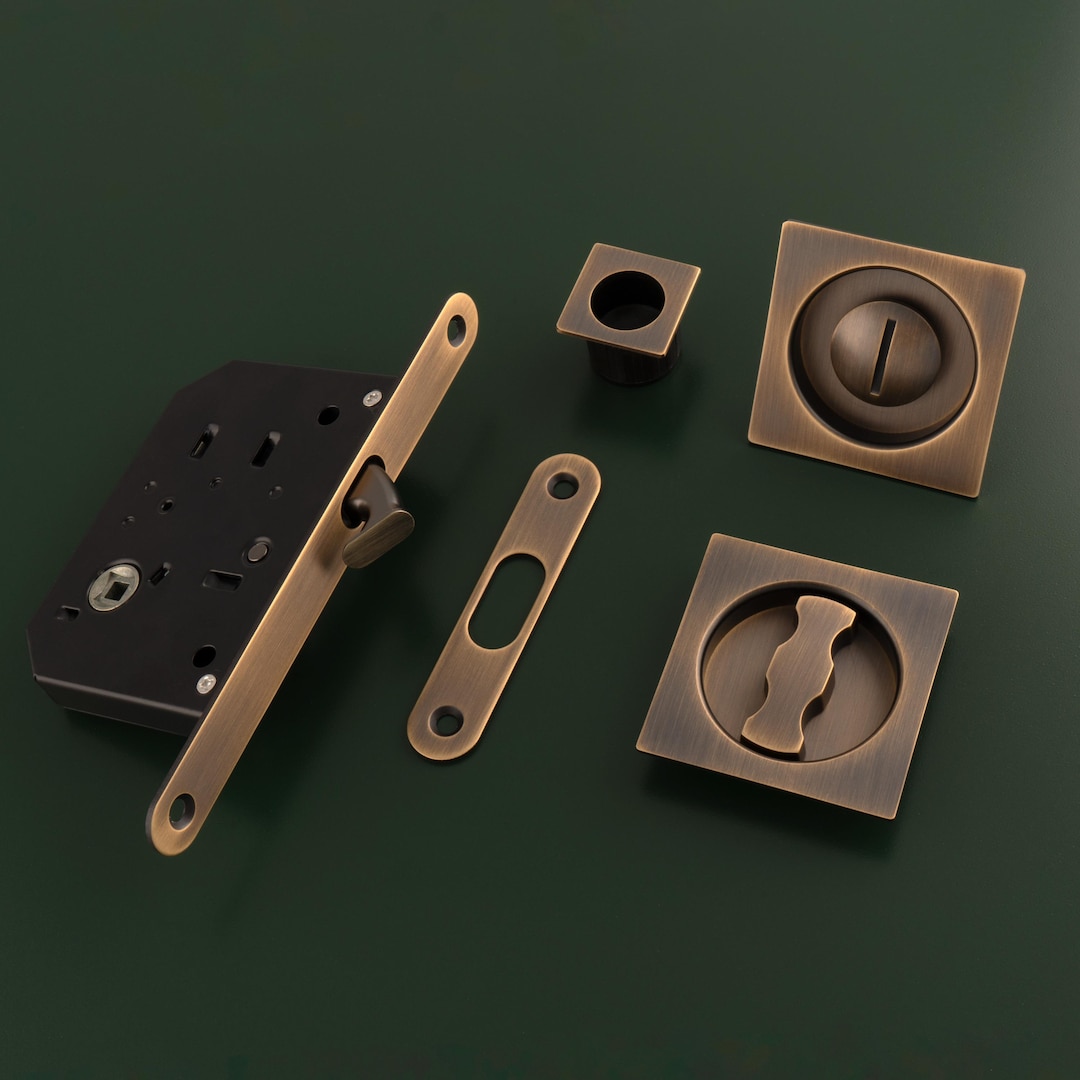 Square Brass Bathroom Lock for Sliding, Pocket Door, Complete Set Including Lock, Thumb Turn ...