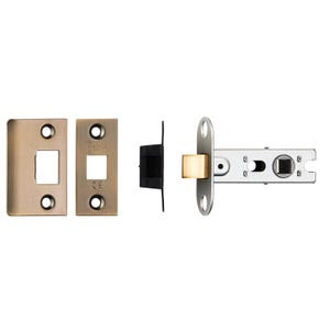 May include: A bronze-colored door latch set, including a strike plate, faceplate, and the latch mechanism. The set features a square bolt and a rectangular strike plate with screw holes for mounting. The latch is designed for easy installation and use.