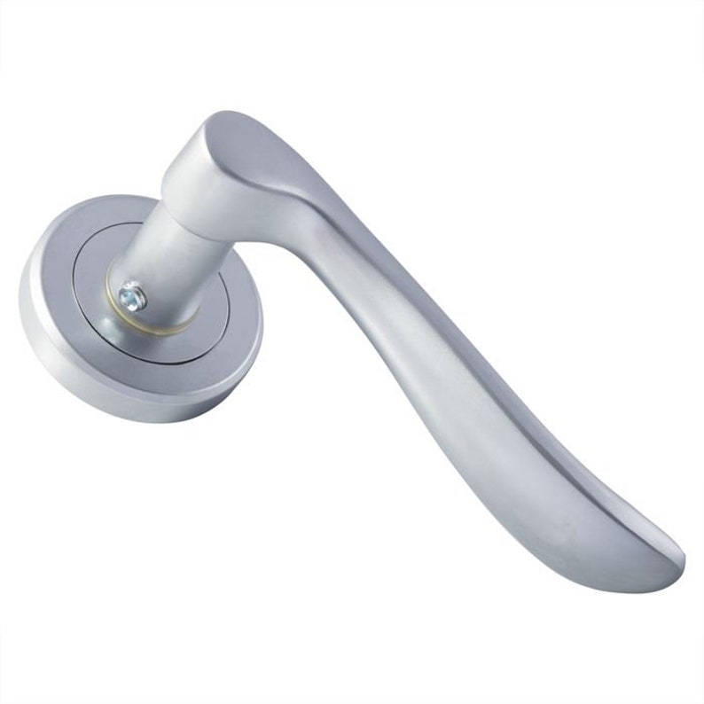 May include: A silver door handle with a round base and a curved lever.