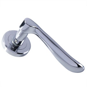 May include: A polished chrome door handle with a lever design. The handle has a round base and a long, curved lever.