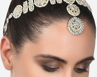Hair Head Chain Kundan Matha Patti Tikka Clear CZ Diamante Hair clip Wedding UK 
