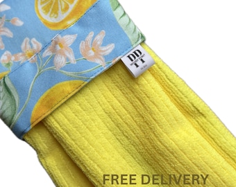 Lemon Print Hanging Hand Towel: Yellow Microfibre or White Cotton Cloth
