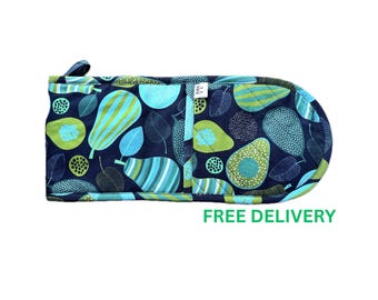 Guante de cocina doble con estampado de aguacate: Agarradera acolchada hecha a mano en verde y azul, guantes de cocina de algodón con estampado de verduras.