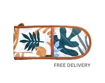 Abstract Jungle Leaf Double Oven Mitt. Quilted Cotton, Insulated Pot Holder with hanging loop.