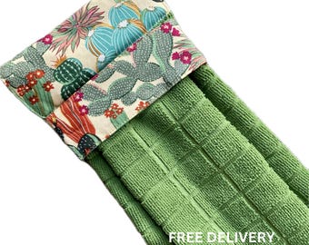 Toalla de mano colgante con estampado de cactus, para cocina y baño, de microfibra verde brillante.