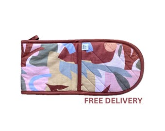 Manopla doble para horno Tuscan Sun con asa para colgar. Guantes de cocina/agarraderas aislantes resistentes al calor, disponibles en marrón cálido, amarillo o rosa.