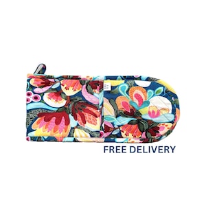 May include: A colourful floral patterned oven mitt with a blue background. The mitt has a loop for hanging and a pocket on the side. The text "FREE DELIVERY" is printed below the mitt.
