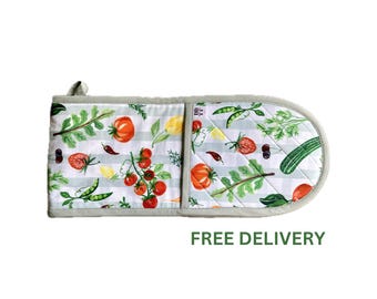 Manopla doble para horno hecha a mano: estampado de frutas y verduras, algodón resistente al calor