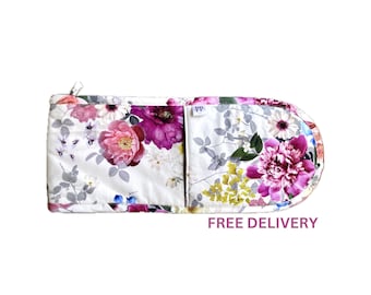 Manoplas de horno dobles color crema y rosa: agarraderas acolchadas estilo cabaña vintage con presilla para colgar.