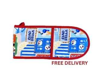 Manopla de horno doble Ciao Bella: Agarradera de cocina con estampado italiano en algodón acolchado rojo o azul.