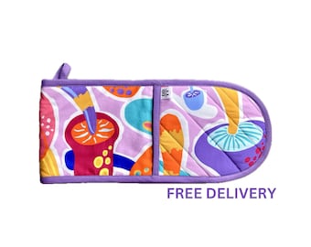 Manopla doble para horno con estampado de setas: Acolchada en colores de algodón de azúcar. Decoración original para la cocina.