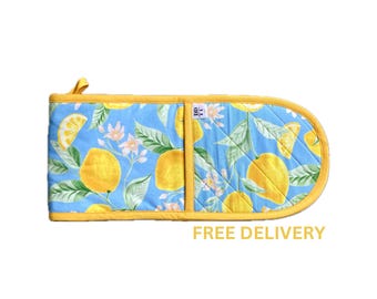 Manopla doble para horno con estampado de limones: agarradera azul y amarilla