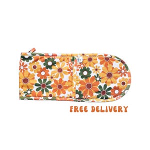 Retro Floral Print Double Oven Mitt - 70s Flower Power Pot Holder