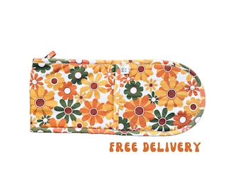 Retro Floral Print Double Oven Mitt - 70s Flower Power Pot Holder