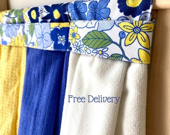 Retro blue and yellow floral printed hanging hand towel for kitchen, bathroom or laundry with yellow cotton or blue/white microfibre cloth.