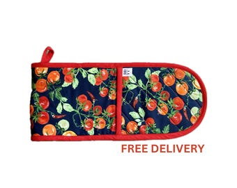 Manopla doble para horno con diseño de tomates atados y presilla para colgar. Guantes de cocina/agarraderas de algodón azul marino resistentes al calor. ¡Un regalo artesanal ideal para cocineros!