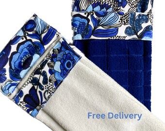 Toalla de mano colgante con estampado floral azul, decoración de cocina costera